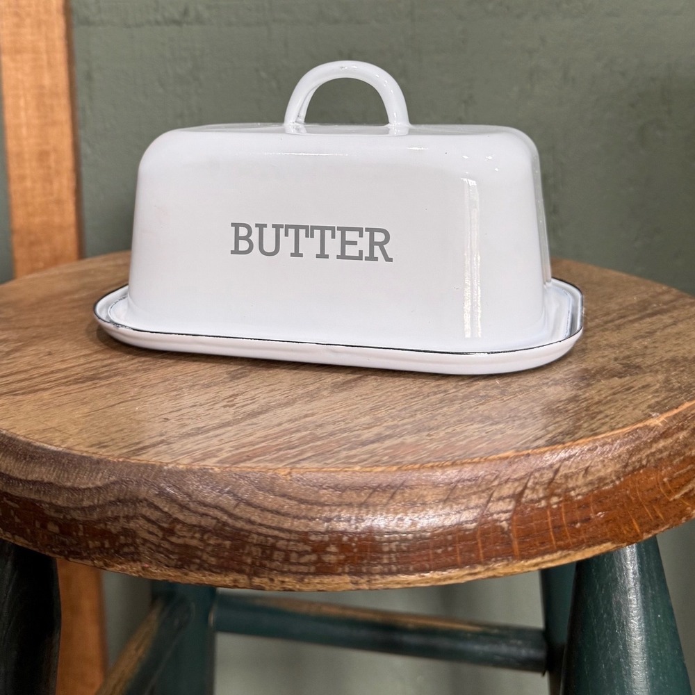 Farmhouse Enamelware Covered Butter Dish Black Rim Rustic Retro Country Living